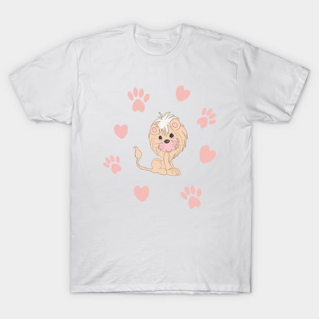 Cute Lion Cub with Paw Prints and Hearts T-Shirt by Orchyd